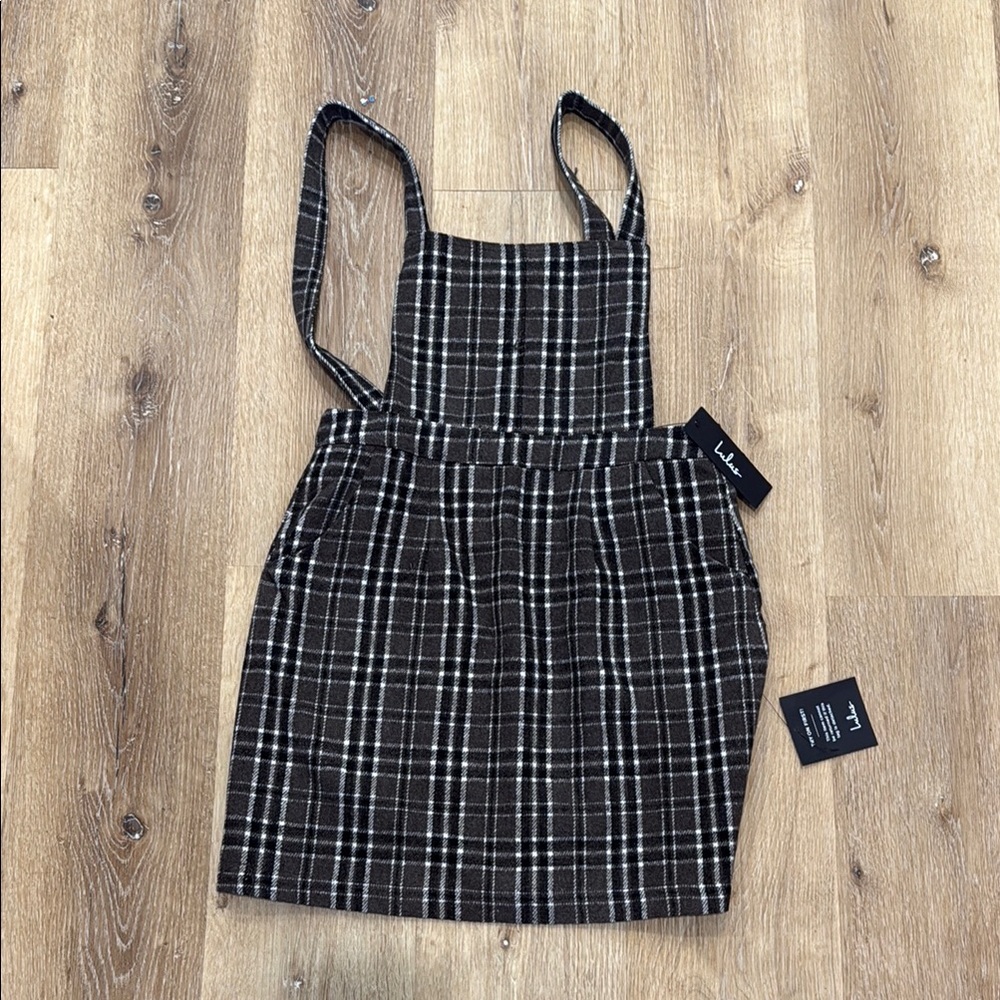 NWT Lulus brown, Black and White Plaid Pinafore Dress